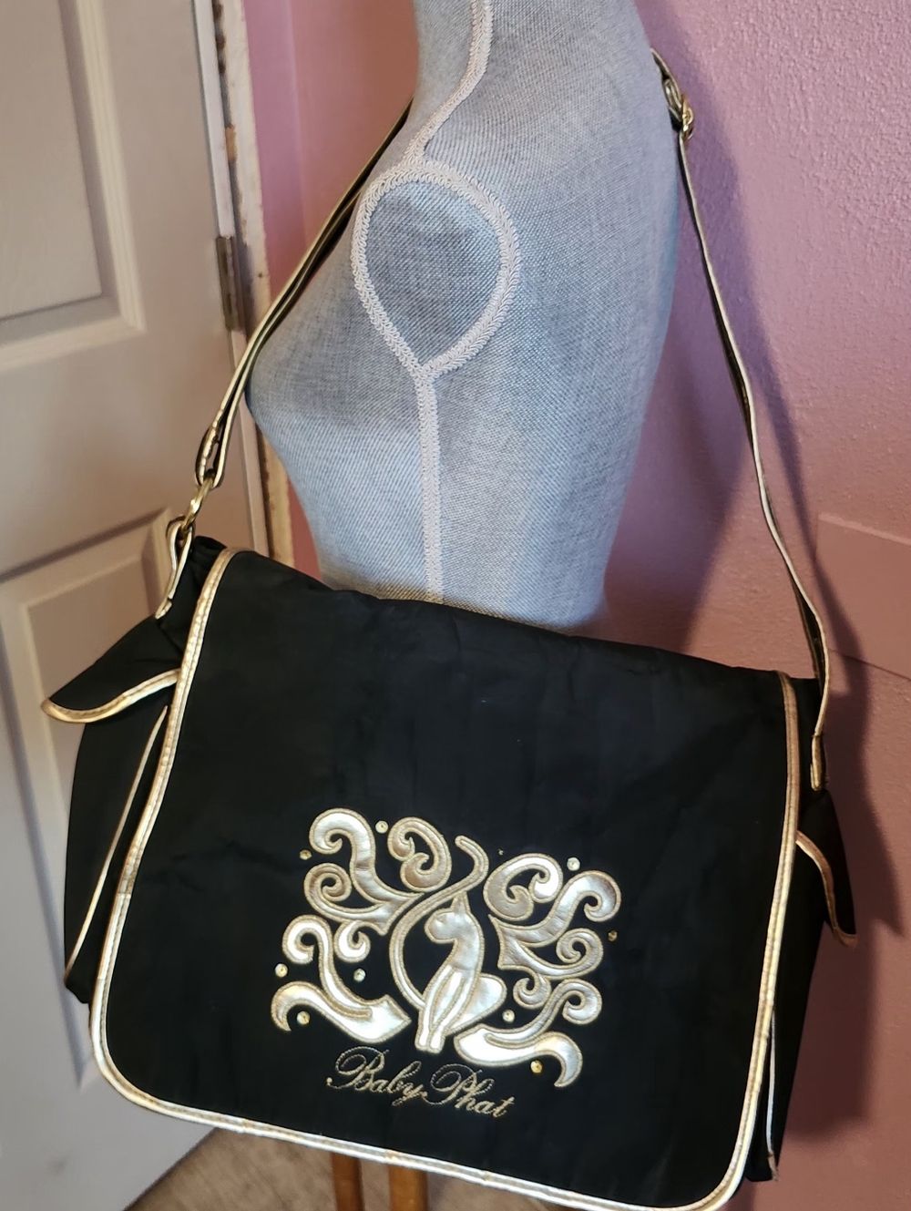 Baby Phat Black and Gold Messenger Bag